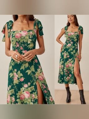 Reformation Dark Green Floral Midi Dress with Pink Blooms